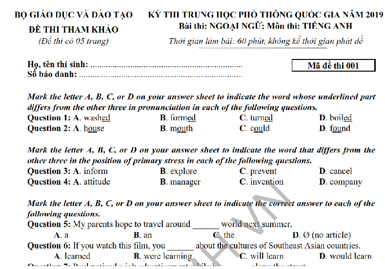 Đề thi tham khảo THPT QG Tiếng Anh 2019 từ Bộ giáo dục - Full lời giải