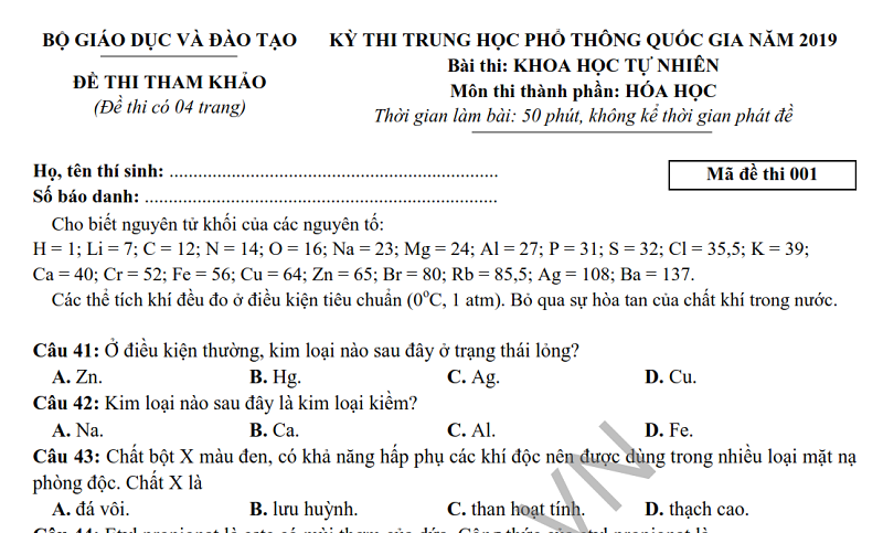 Đề thi tham khảo THPT QG Hóa học 2019 từ Bộ giáo dục - Full lời giải