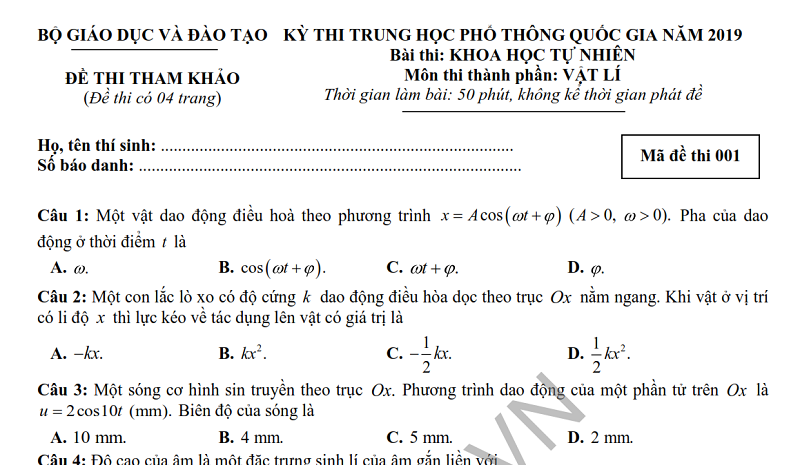 Đề thi tham khảo THPT QG Vật lí 2019 từ Bộ giáo dục - Full lời giải