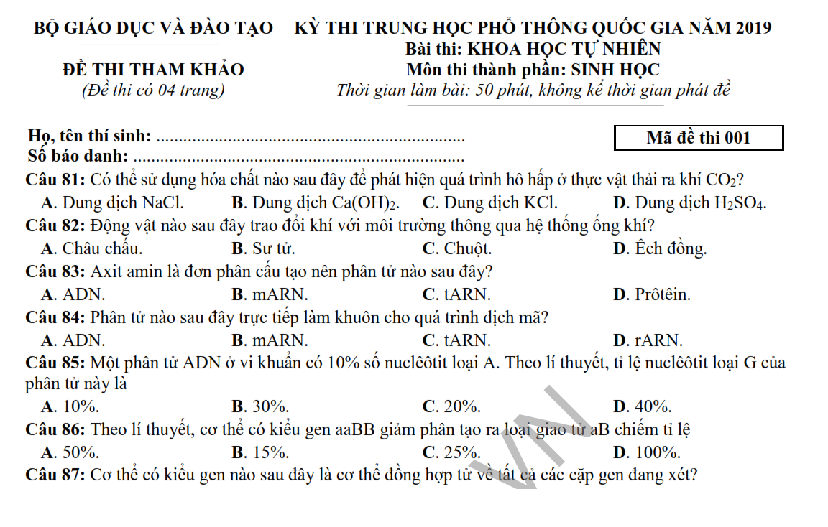 Đề thi tham khảo THPT QG Sinh học 2019 từ Bộ giáo dục - Full lời giải