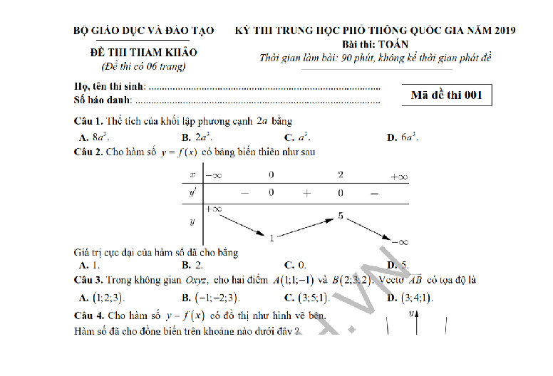 Đề thi tham khảo THPT QG Toán 2019 từ Bộ giáo dục - Full lời giải