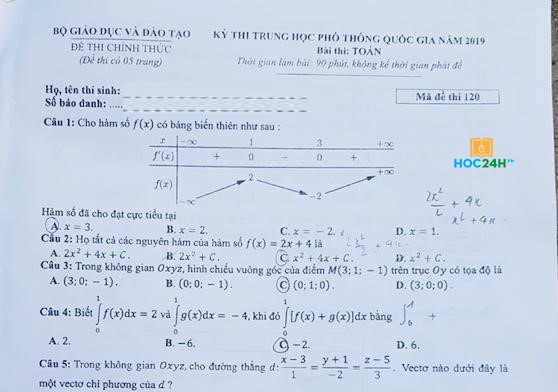 Đề và đáp án thi THPT QG 2019 môn Toán