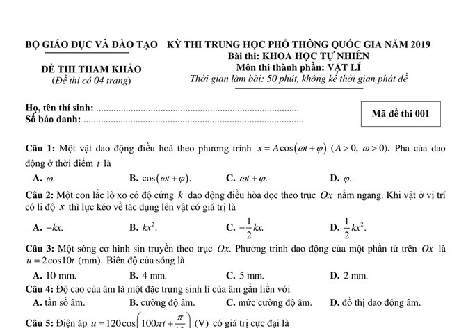 Đề và đáp án thi THPT QG 2019 môn Vật lí