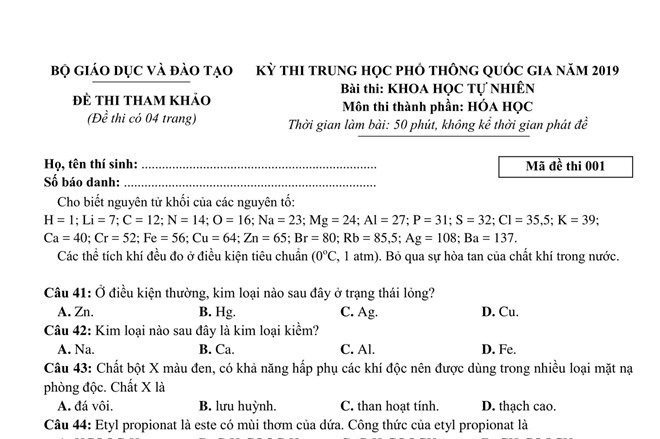 Đề và đáp án thi THPT QG 2019 môn Hóa học