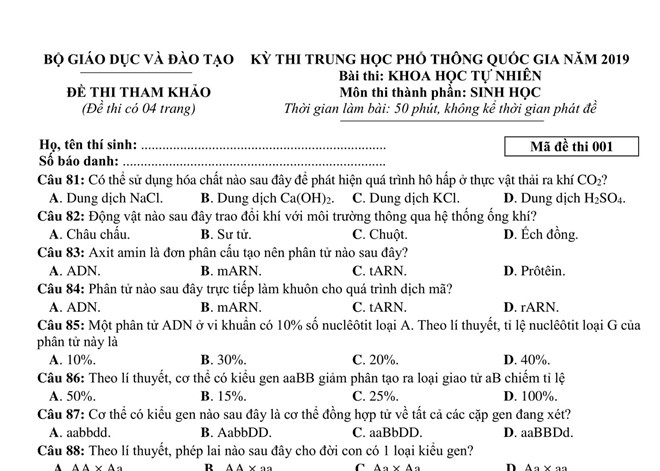 Đề và đáp án thi THPT QG 2019 môn Sinh học