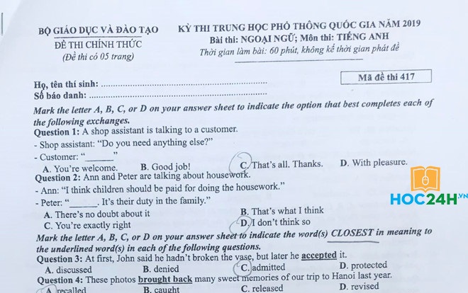 Đề và đáp án thi THPT QG 2019 môn Tiếng Anh